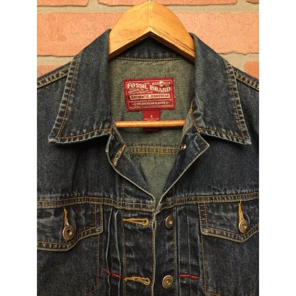 Fossil Women's Denim Jean Jacket Chest Pockets Button Cuffs Collared Blue Small - Picture 2 of 5
